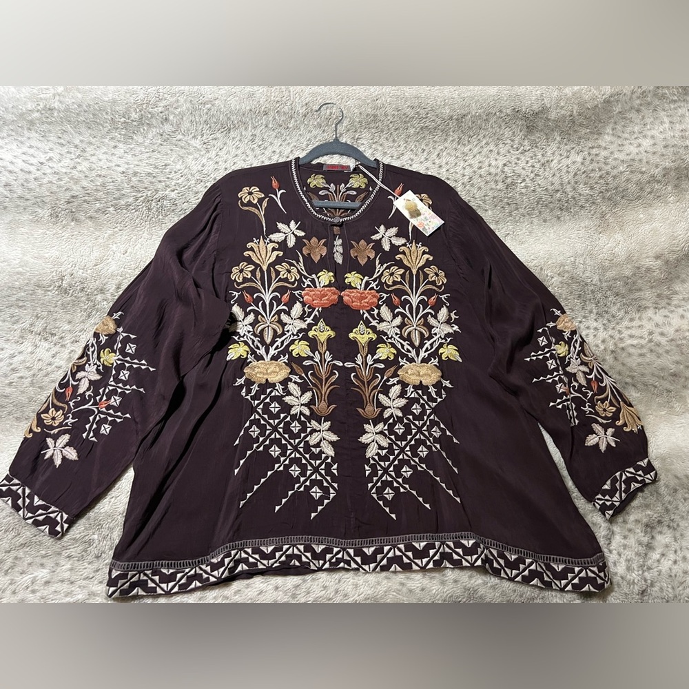 Johnny Was Frankie Blouse Brown With Floral Embroidery Extra Large NWT $328